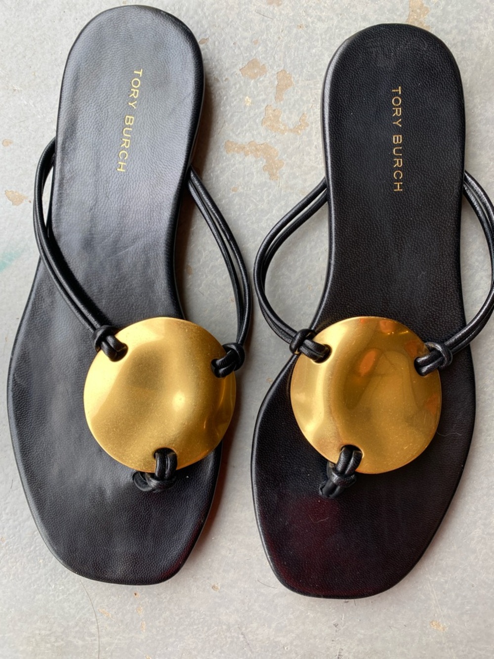 Tory Burch Black Leather Sandals with Gold Disc Accent